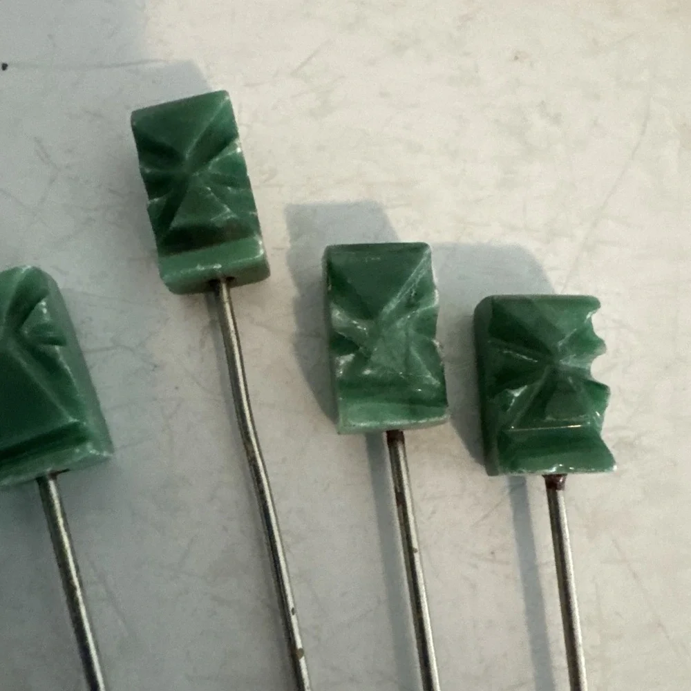 Set Of 5 Vintage Jade Carved Stone Head Hors d'Oeuvres Cocktail Forks‎ 3.5